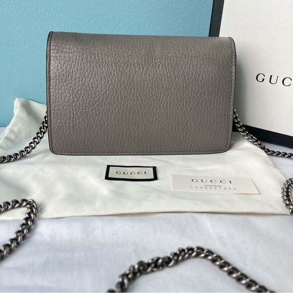 GUCCI Grey Leather Flap Dionysus Mini Chain SoHo Disco Dollar Crossbody + Box - Picture 9 of 14
